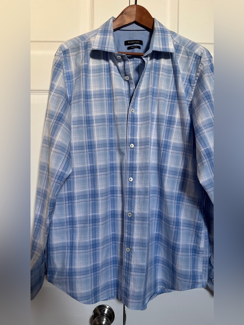 Bugatchi Men’s Blue Plaid Classic Fit Button Down Shirt 100% Cotton